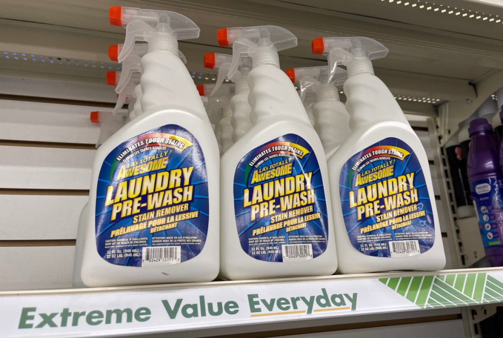 Dollar Tree shelf with LA's Totally Awesome Cleaner Laundry Pre-Wash