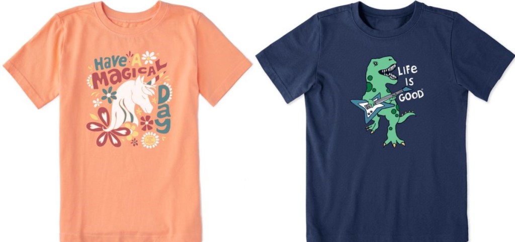 Two kids shirts one with a unicorn and the other with a dinosaur