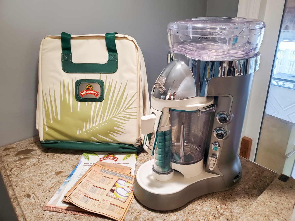 The Margaritaville Bali Frozen Concoction Maker with recipes and carrying bag