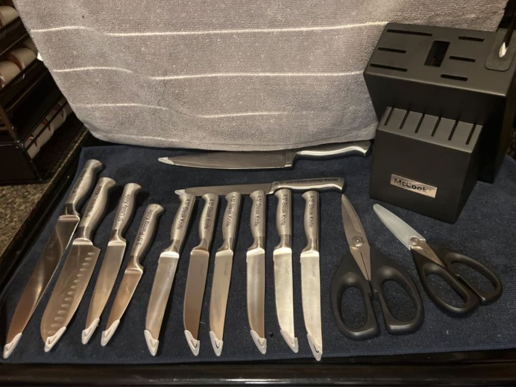 MCCook Knife Block Set with knives laid out on counter