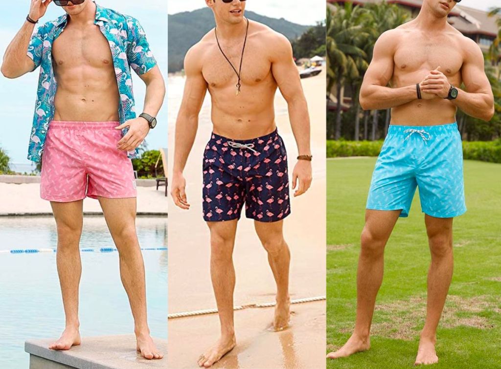 3 men wearing 3 different style swim trunks