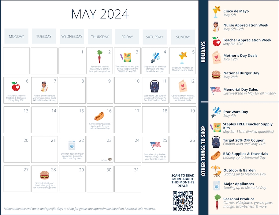 may 2024 graphic calendar with various deals and sales to shop this month