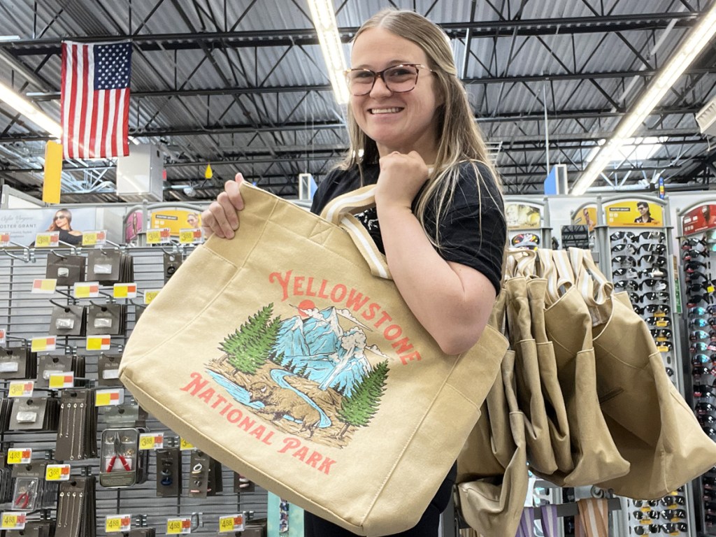 woman with a yellowstone tote bag on her shoulder