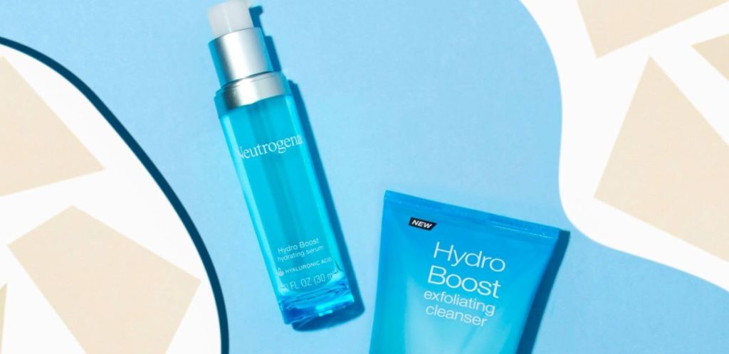 A bottle of Neutrogena Hydro Boost serum and a bottle of cleanser