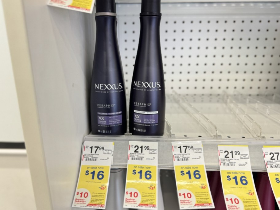 nexxus shampoo and conditioner on store shelf