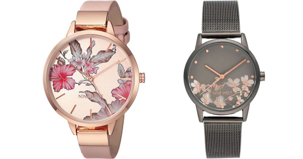 Pink watch with a floral face and a grey watch with a floral face