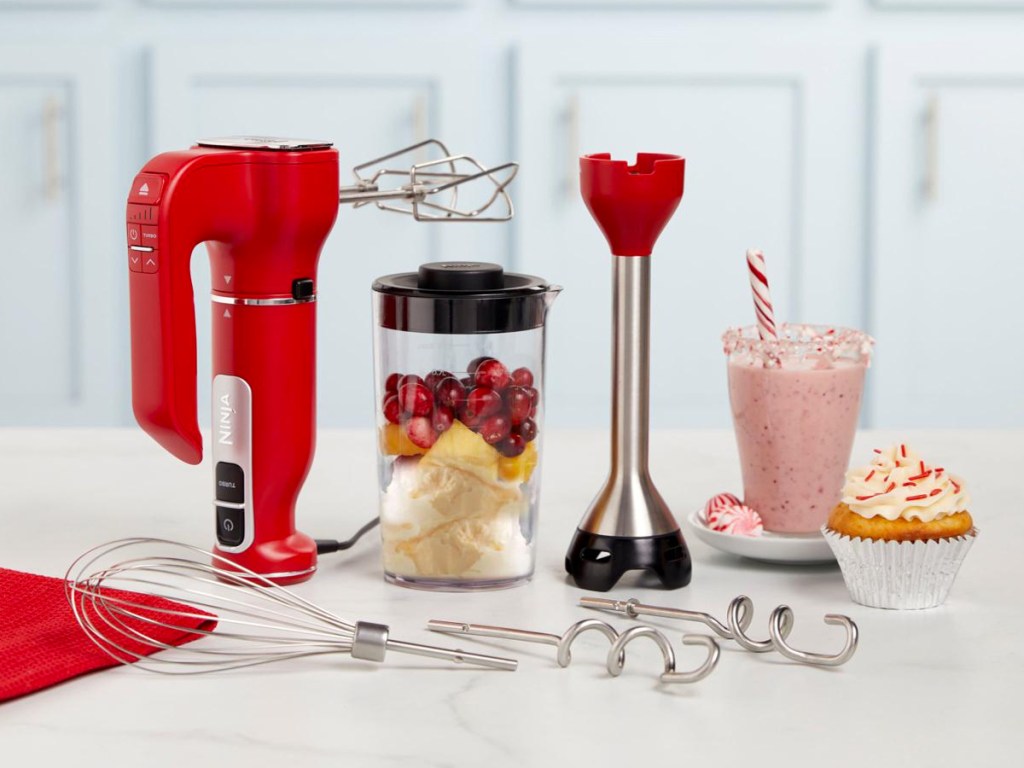 red Ninja Foodi Power Mixer System on counter with attachments