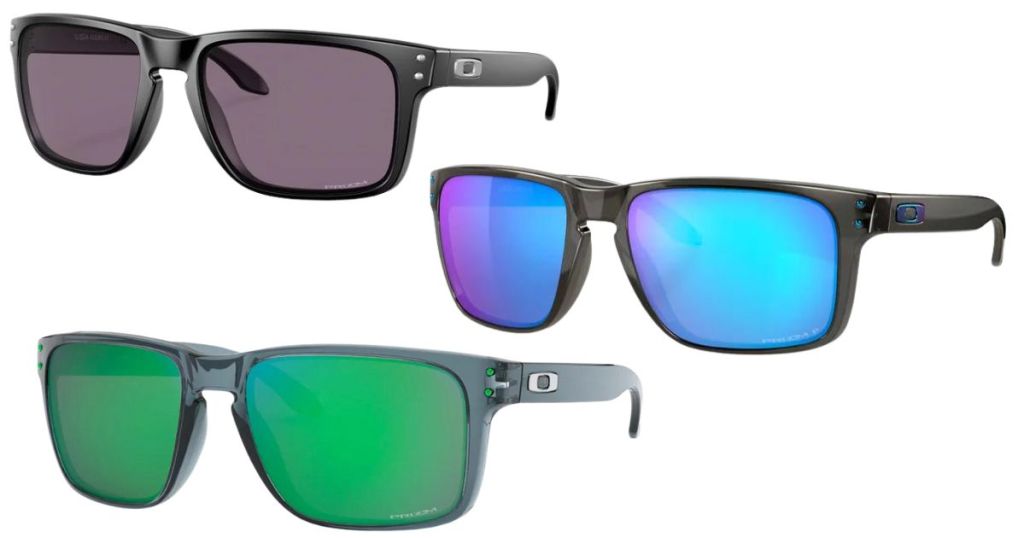 black lens, blue lens, and green lens Oakley sunglasses