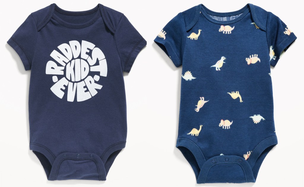 two blue baby bodysuits