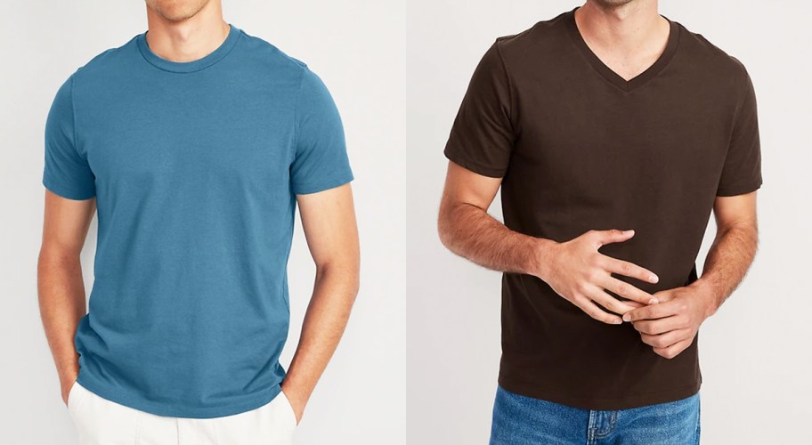 men in solid blue and brown t-shirts