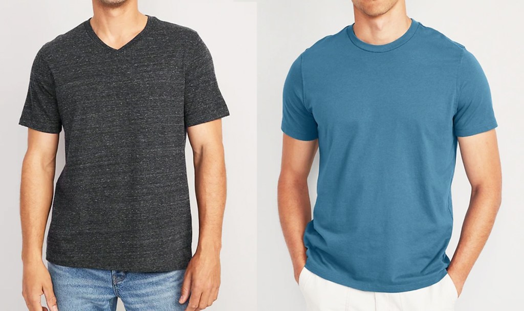 two men in solid grey and blue tees