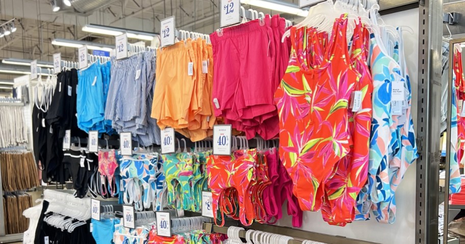 display of colorful swimsuits at old navy store