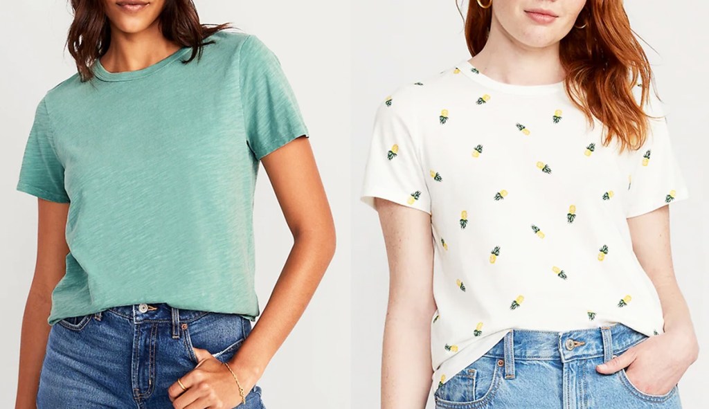 women in solid green and pineapple print tees