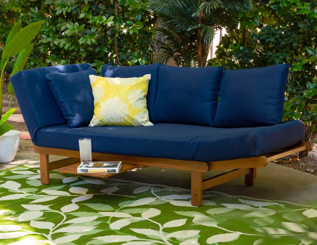 Outdoor Convertible Acacia Wood Futon Sofa w: 4 Pillows