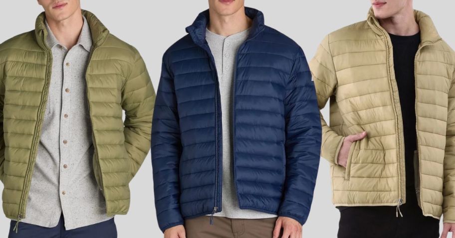 three men wearing Ozark Trail Men's Puffer Jackets