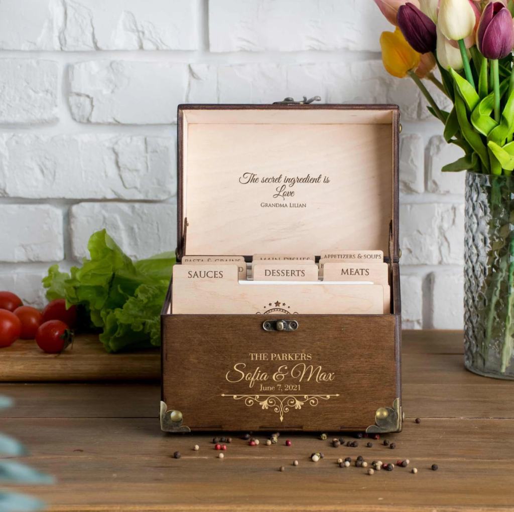 A personalized recipe box like this one makes the list of the best bridal shower gift ideas