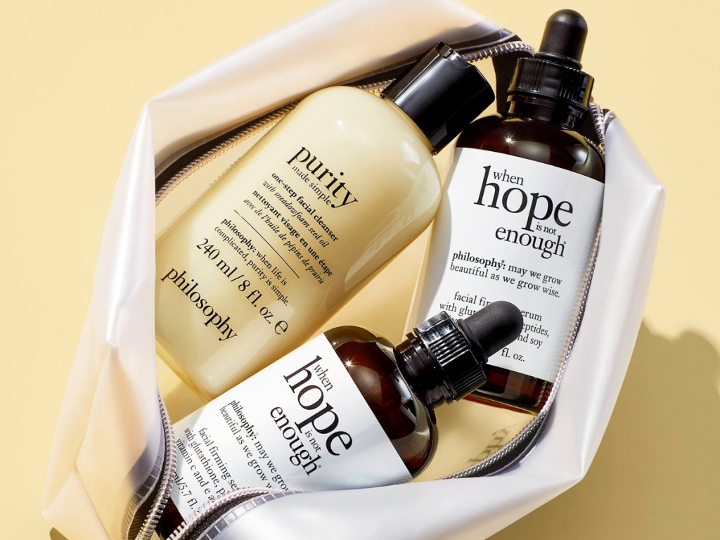 Philosophy When Hope is Not Enough Firming Facial Serum and Cleanser in makeup bag