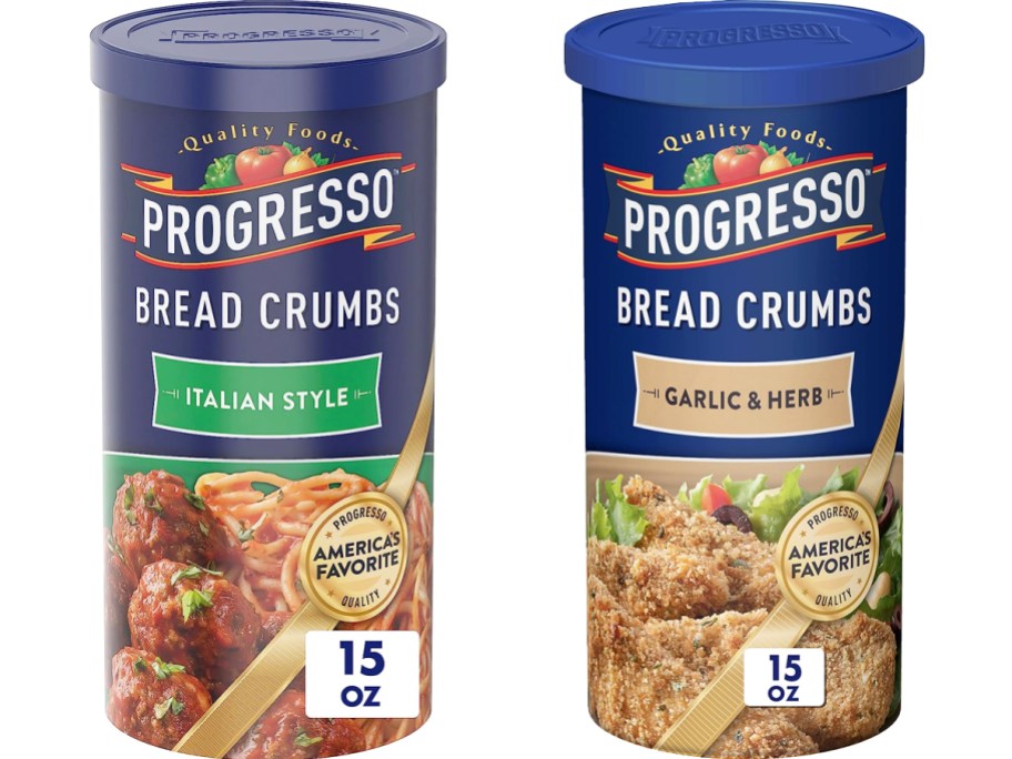 two blue containers of Progresso Bread Crumbs