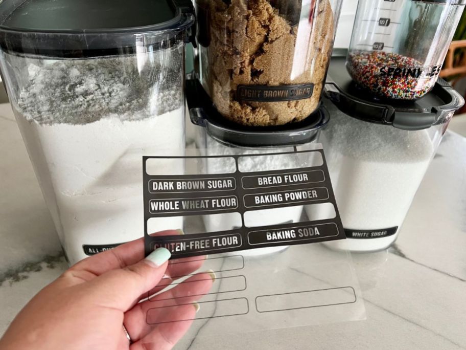 hand holding up a set of labels in front of the Prokeeper+ Storage Container Baking set