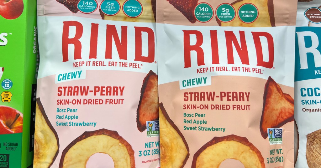 RIND Dried Fruit Snack Bags on a Shelf