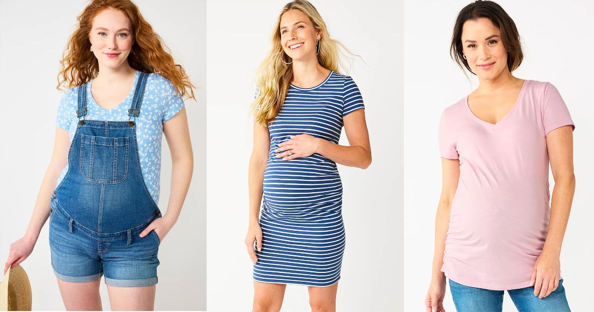 three women wearing short alls, tees, and a t-shirt dress from the SONOMA goods for life maternity collection