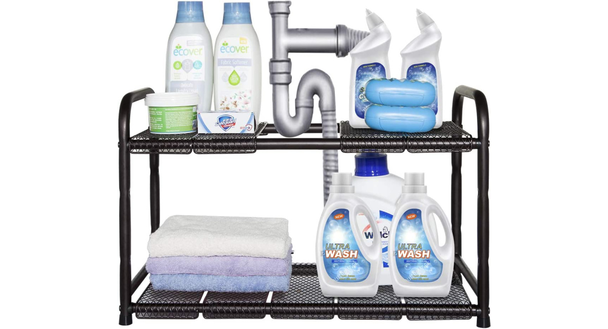 Storage Manic 2-Tier Under Sink Rack with items on it