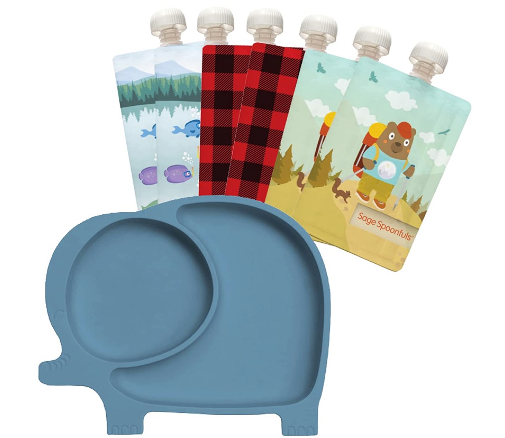 blue elephant plate and set of reusable baby food pouches