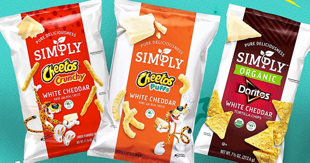 three bags of simply chips on teal background
