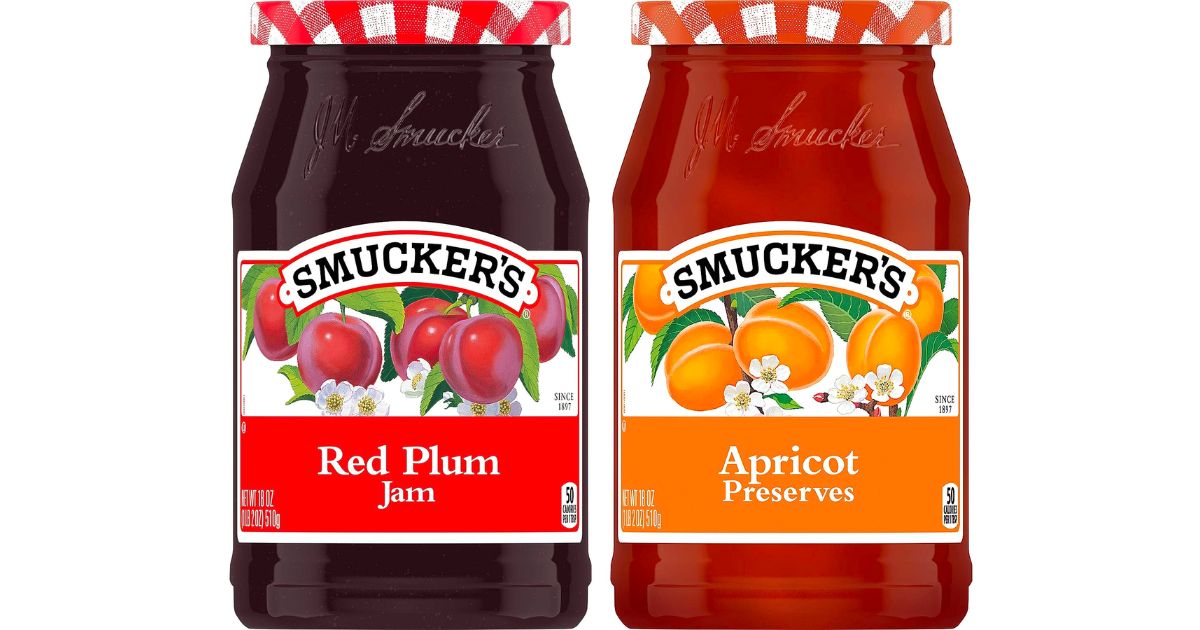 Smucker's Red Plum Jam 18oz jar and apricot preserves 18 ounce jar