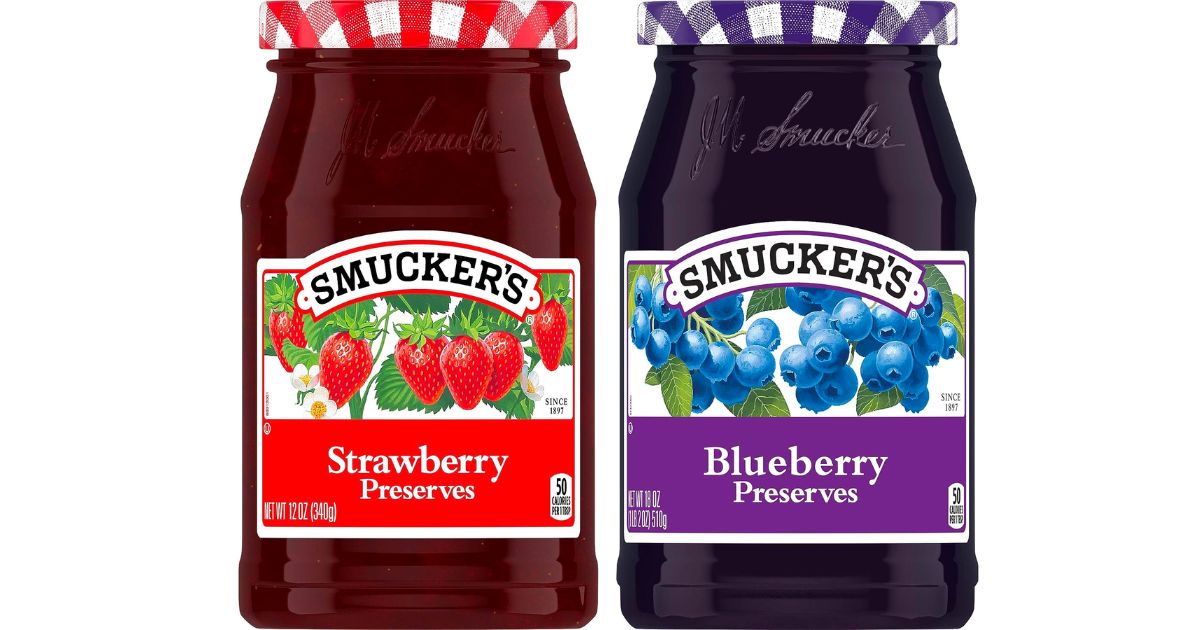 Smucker's Strawberry Preserves 12 ounce jar and blueberry preserves 18 ounce jar 