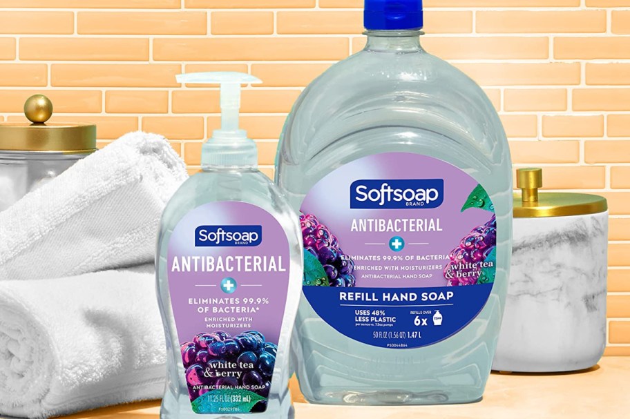 Softsoap Soap Refill with soap in front of it it and a towel next to it