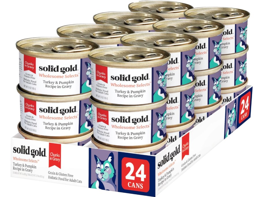 24-count case of Solid Gold Wet Cat Food Cans in Turkey & Pumpkin flavor