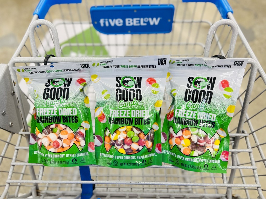 three bags of Sow Good Freeze Dried Rainbow Bites in Five Below shopping cart