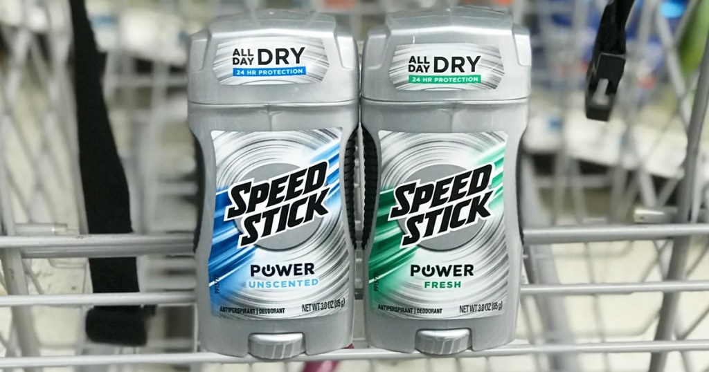 two speed stick deodorants in a shopping cart