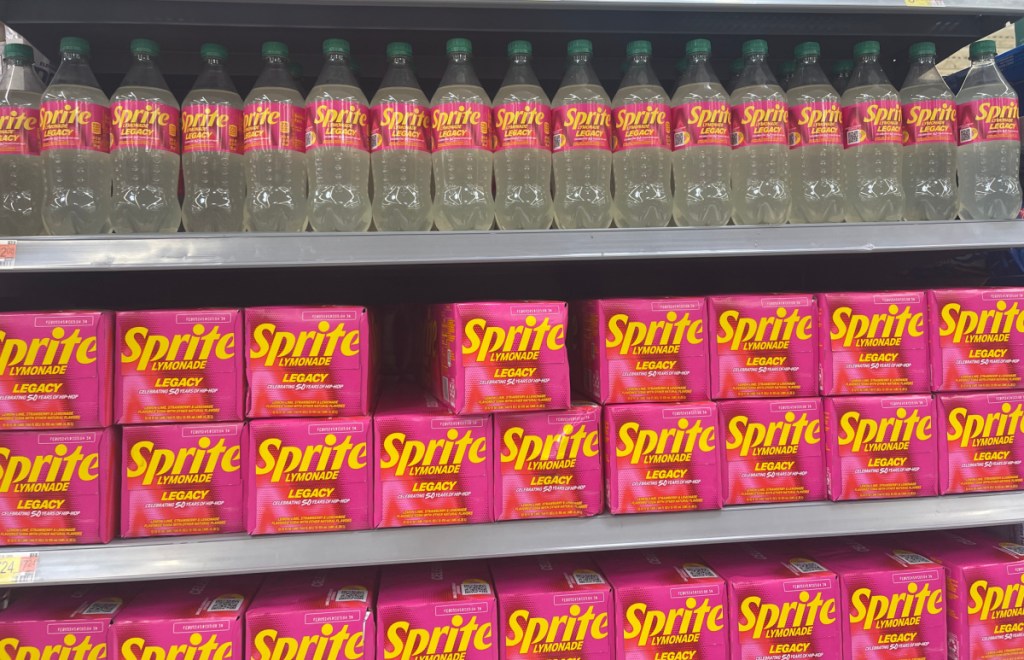 cases of sprite lymonade legacy on a Walmart shelf