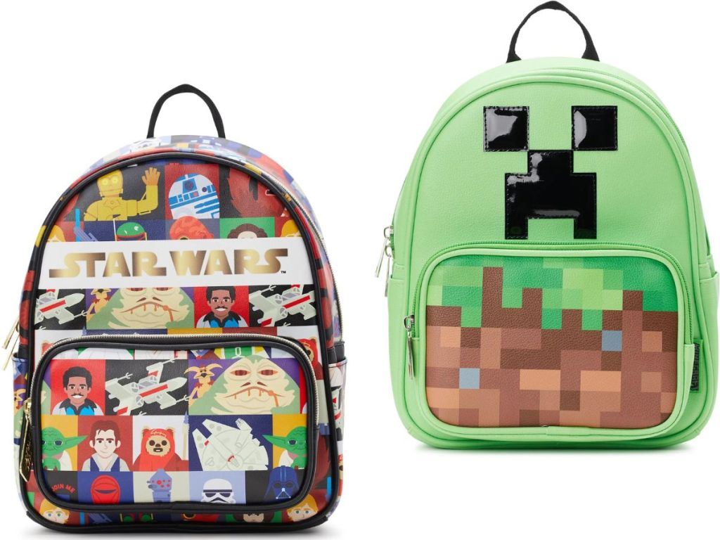 Two mini backpacks featuring Star Wars and Minecraft