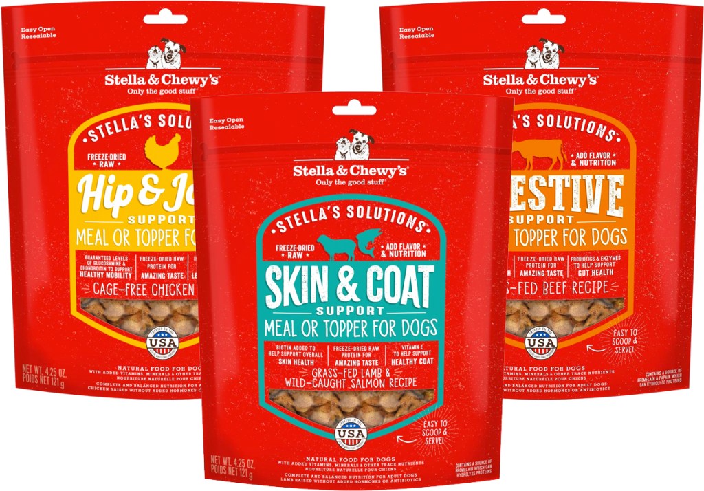 three red bags of Stella & Chewy's Dog Meal/Food Toppers