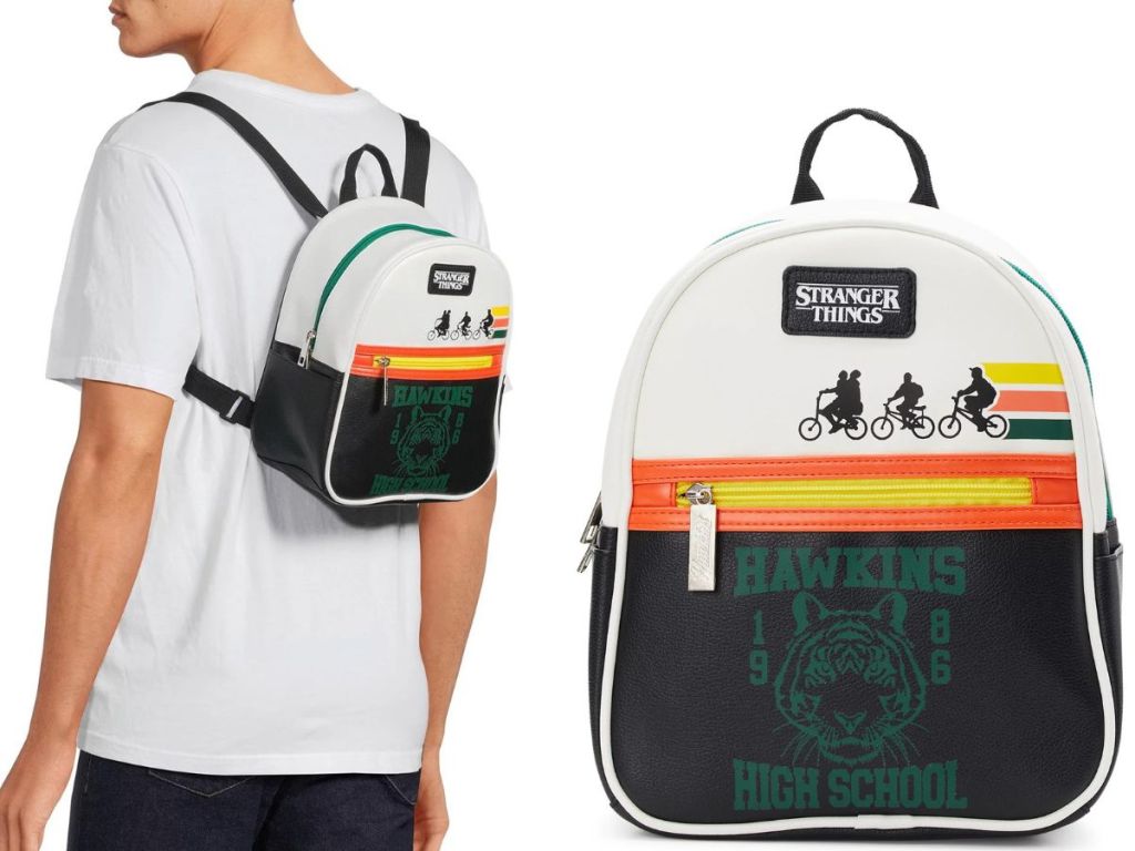 A teen boy wearing a Stranger Things Mini Backpack next to a closer up view of the front of the backpack