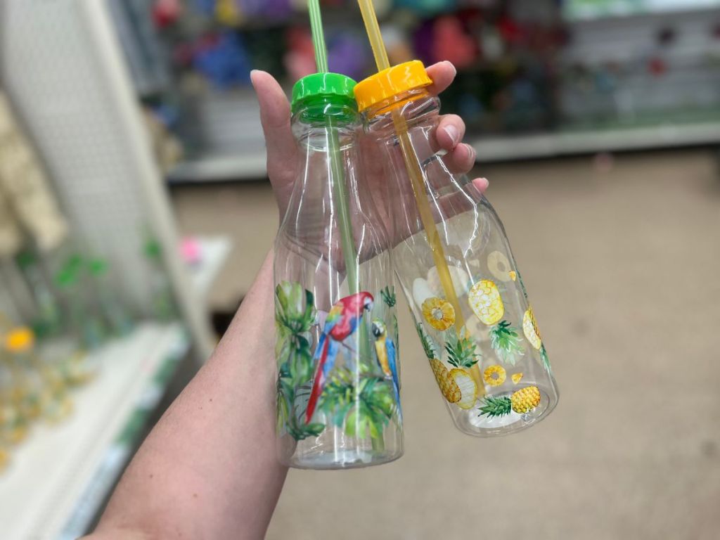 Summer Themed Reusable Plastic Water Bottles with Straws, 22 oz.