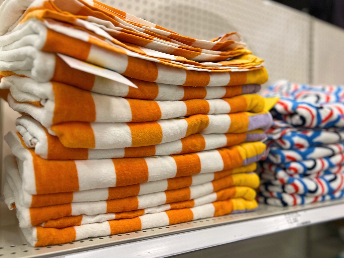 Sun Squad towels on shelf at Target