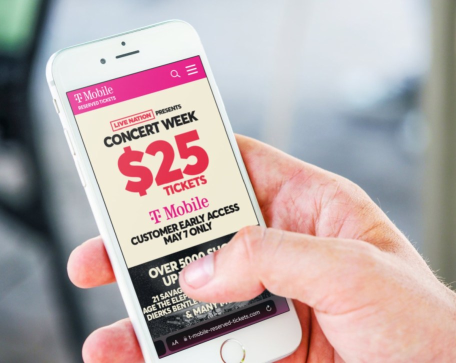 Phone showing the T-Mobile Early Access Deal for the Live Nation Concert Week 2024 $25 tickets