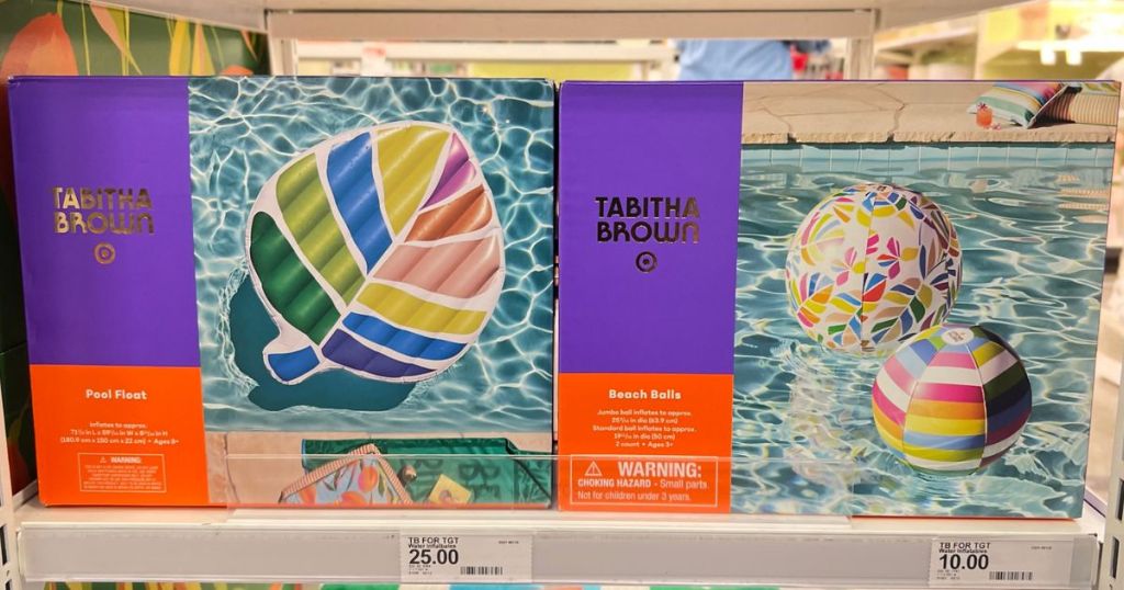 Shelf with Tabitha Brown Pool Floats and Beach Balls at Target