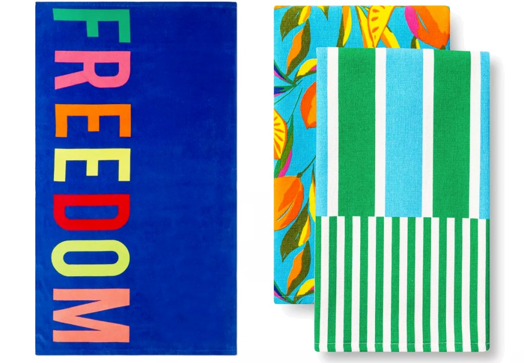 blue beach towel that says freedom and blue and green kitchen towel set with oranges