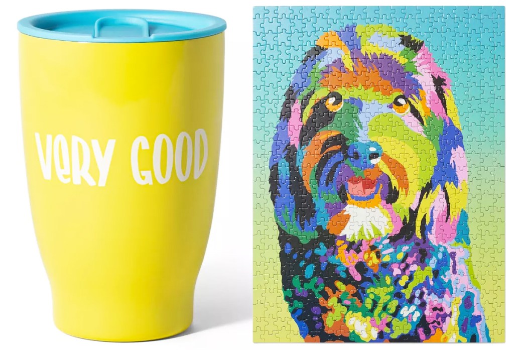 yellow tumbler and colorful puzzle of a dog
