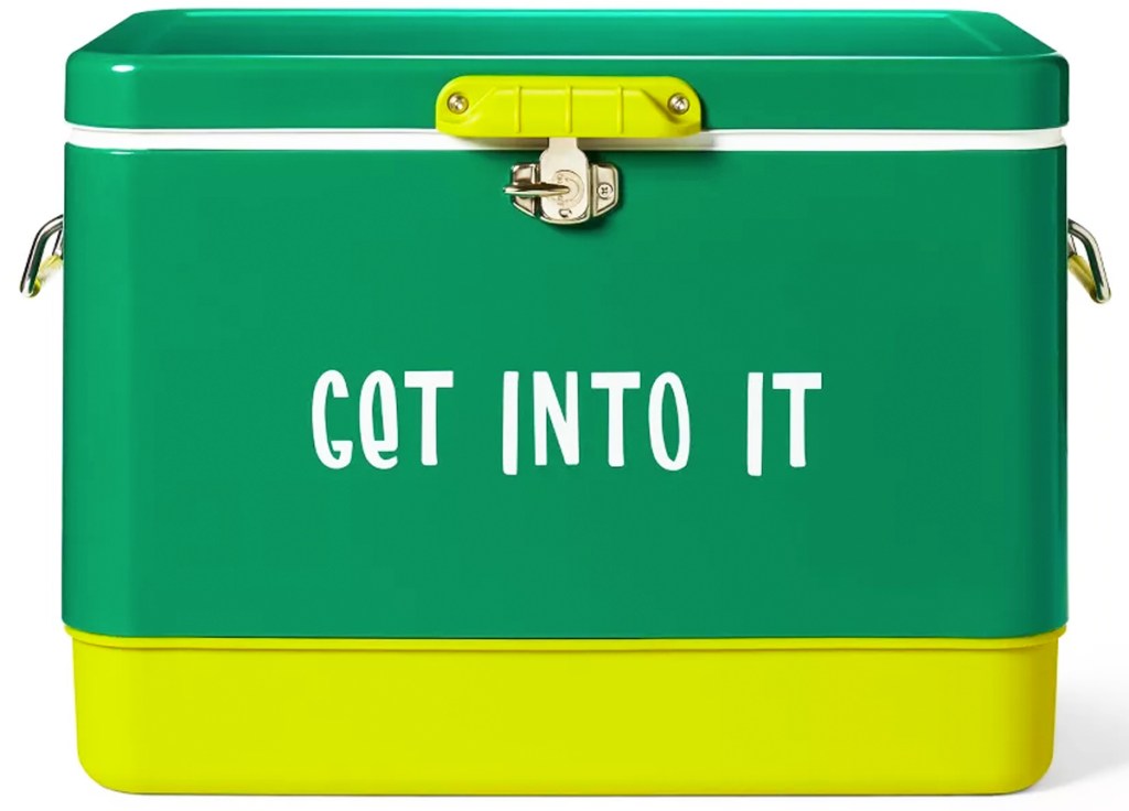 green cooler that says get into it