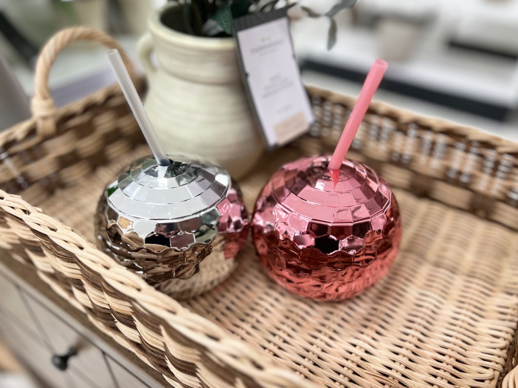 silver and pink disco ball tumblers
