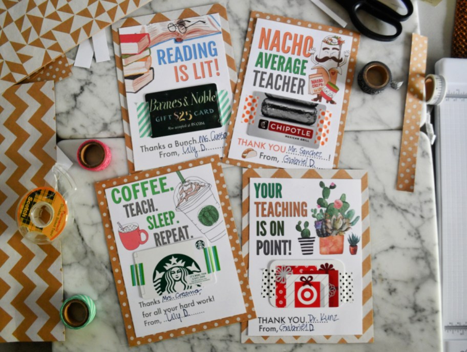 four teacher gifts with gift cards