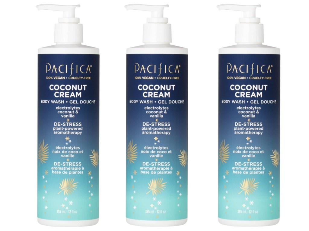 Three stock image of Pacifica Coconut Cream 12oz Body Wash