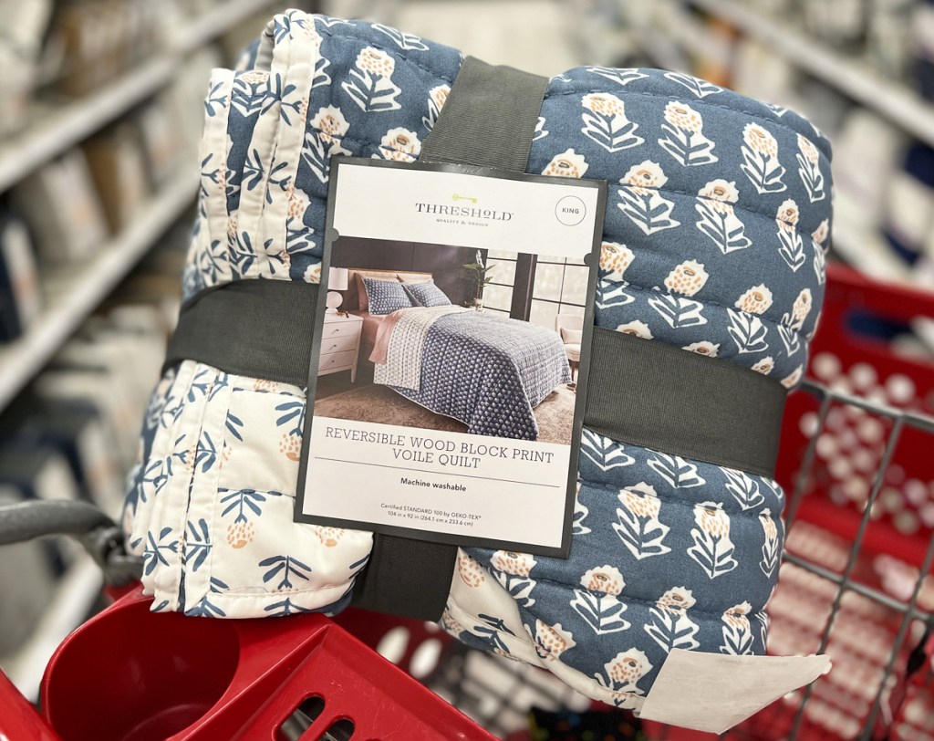 blue floral quilt in red target shopping cart