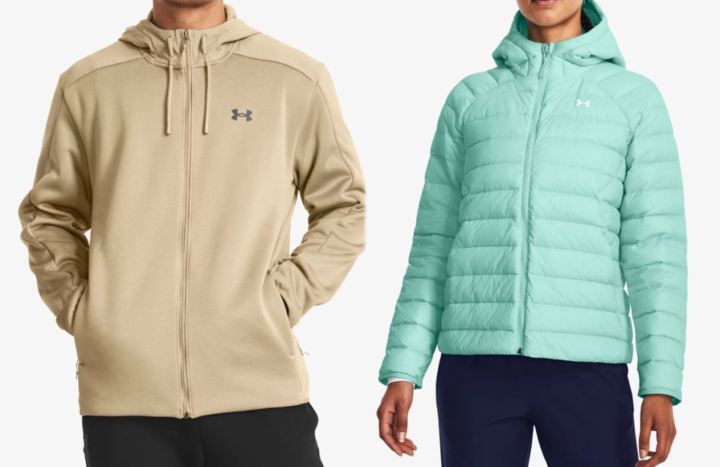 man in tan jacket and woman in mint green puffer jacket
